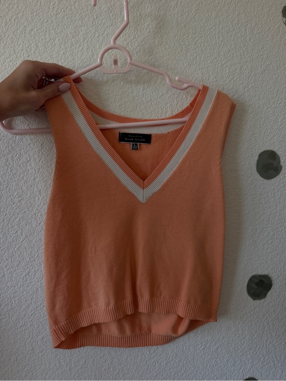 Peach V-Neck Knit Tank with White Trim